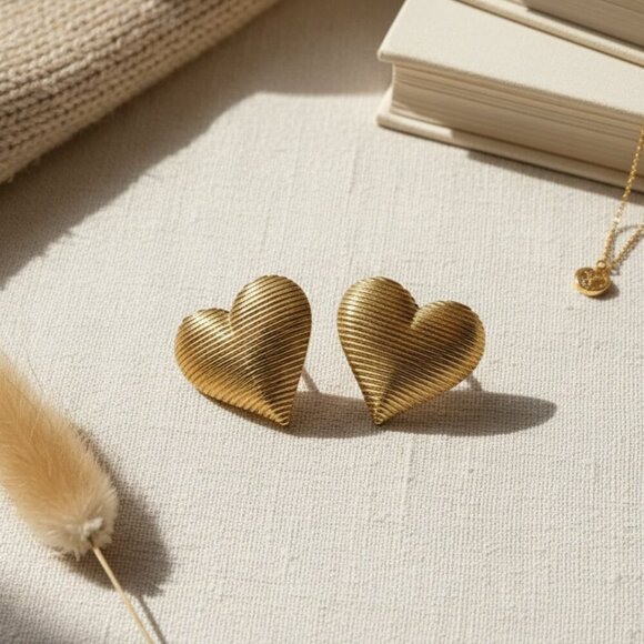 Heaven Mayhem Real Love III Gold Heart Textured Earrings - Picture 1 of 7